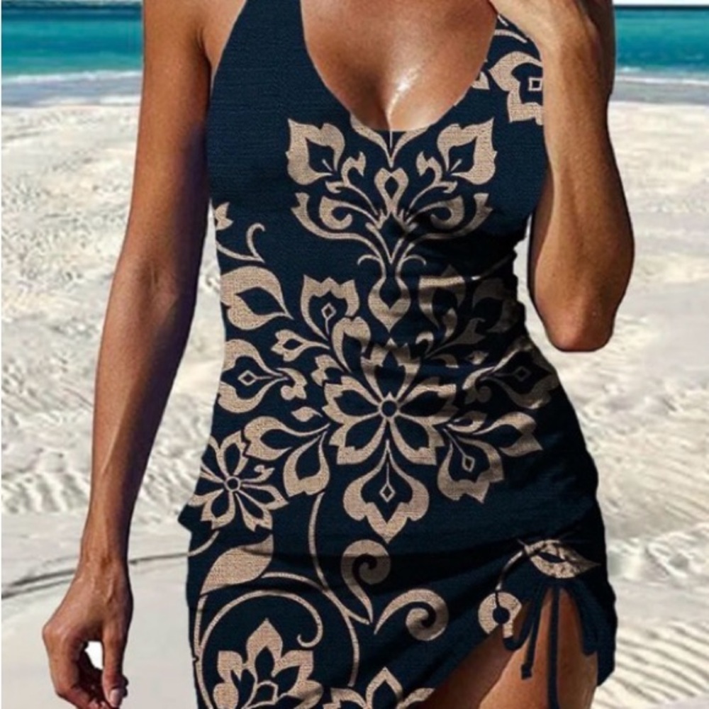 Navy Blue Floral Tank Swimdress with Beige Print